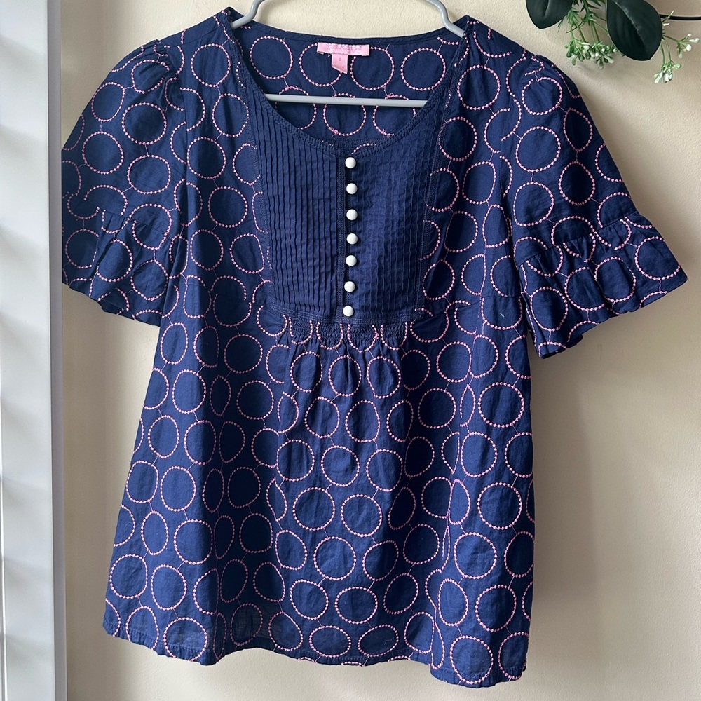 Lilly Pulitzer Navy and Pink Circle Blouse - Picture 2 of 8